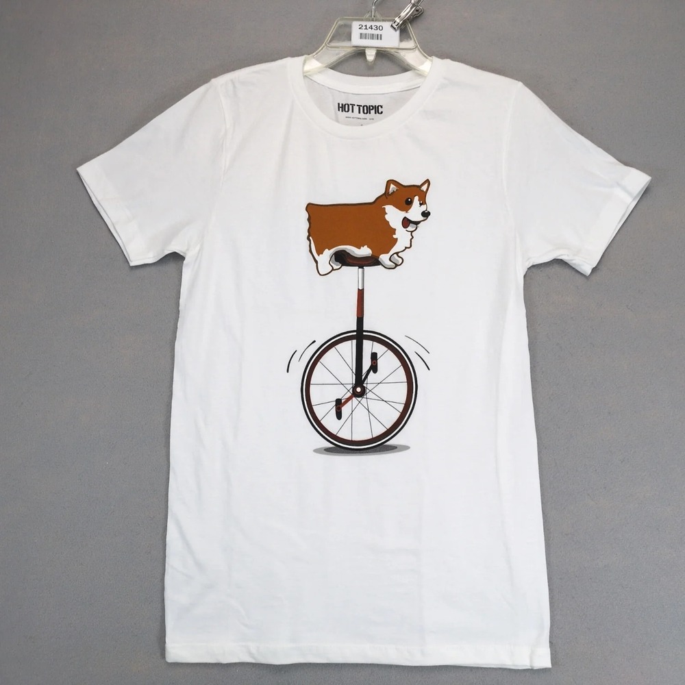 Hot Topic Corgi on Unicycle White T-Shirt Mens S Novelty Dog Graphic Cute Kawaii